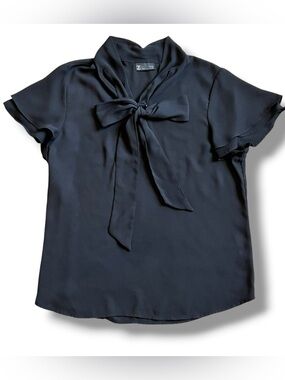7th Avenue NY & Co Womens Blouse XL Black Chiffon Sleeve Flutter Business Top C1